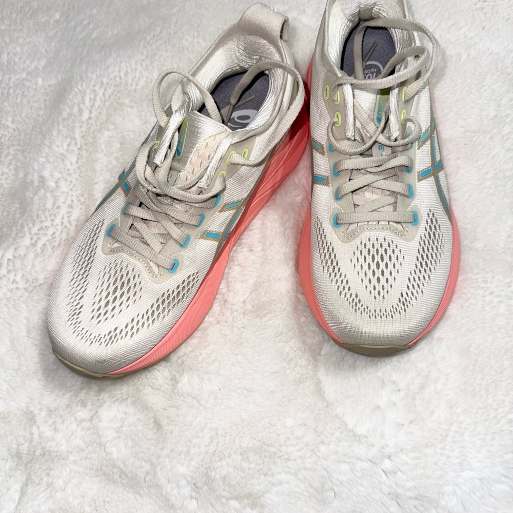 Asics Women's White Mesh Sneakers with Coral Midsole and Teal Accents